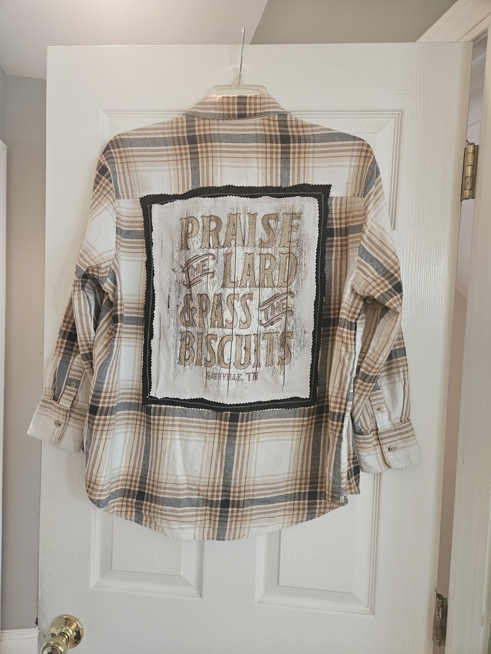 Upcycled Flannel Old Navy Plaid Button-Down Shirt in Beige, Brown, Cream